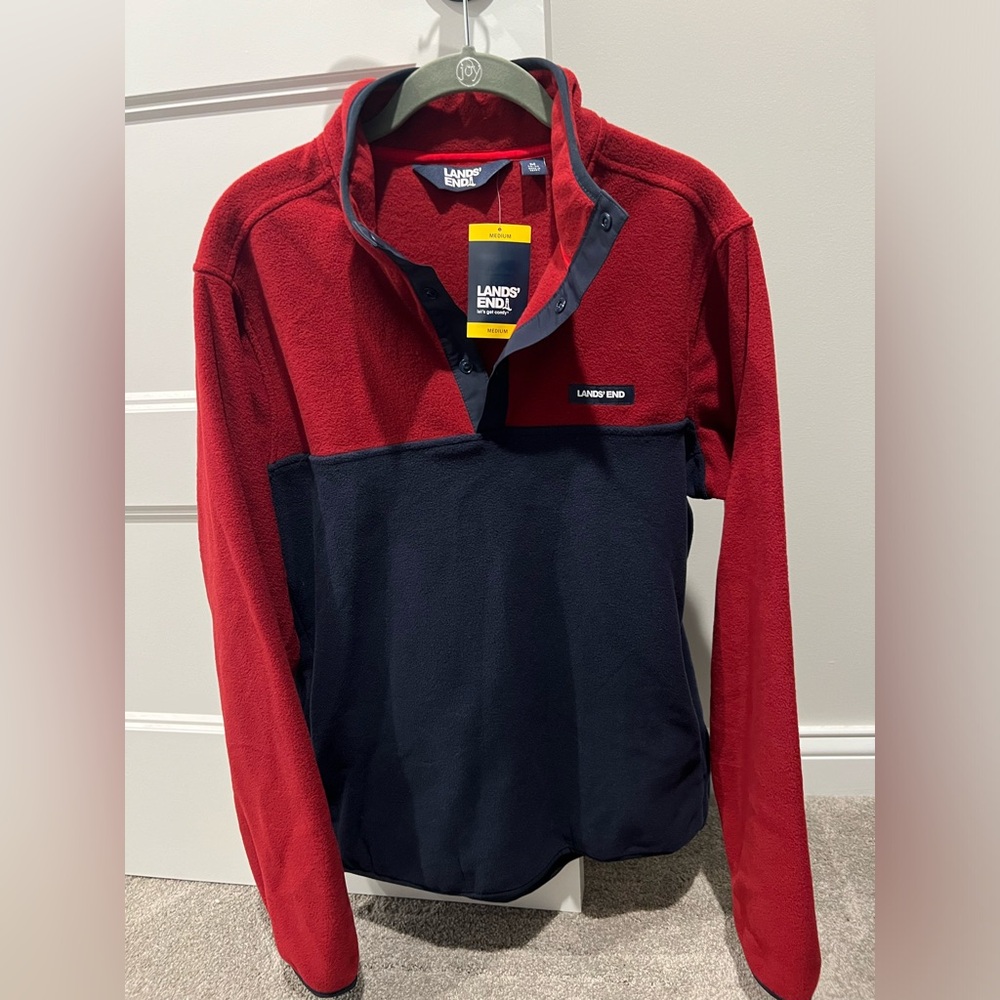 Land’s End Fleece Pullover, Size M, Red/Navy Blue, NWT